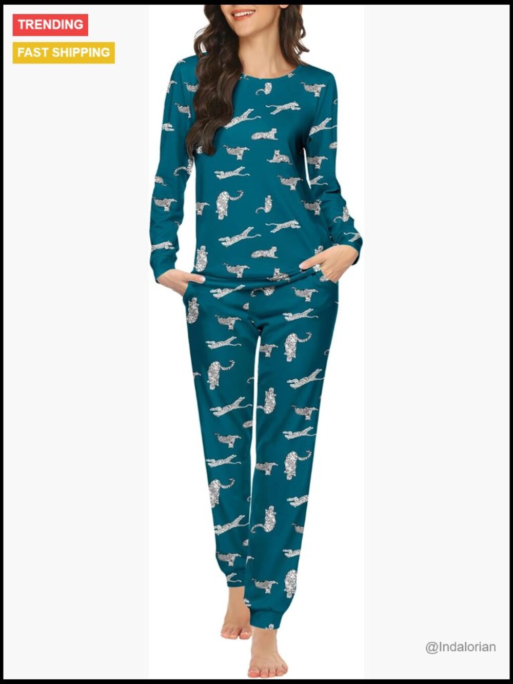 Soft Polyester Blend Long Sleeve Pajama Set with Pockets